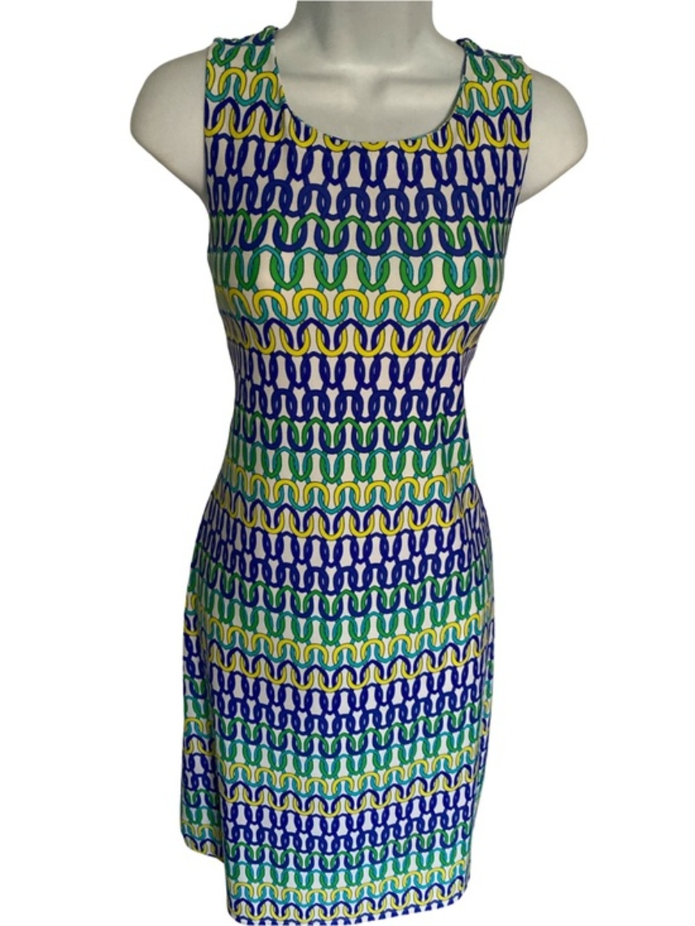 Jude Connally Blue, Green & Yellow Chain-Pattern Sleeveless Sheath Dress-S
